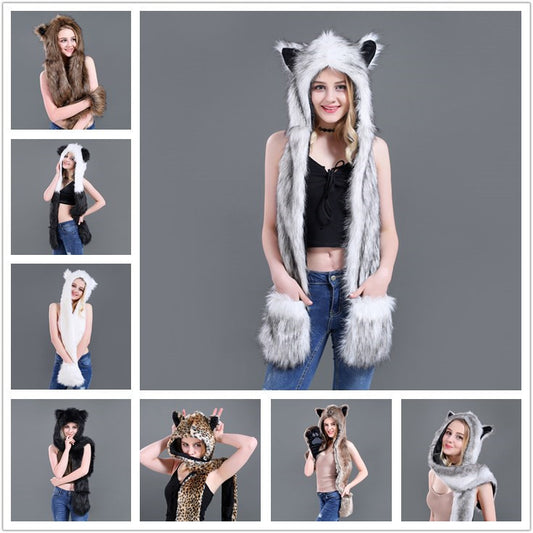Animal-Themed Faux Fur Winter Hat Scarf Gloves Set